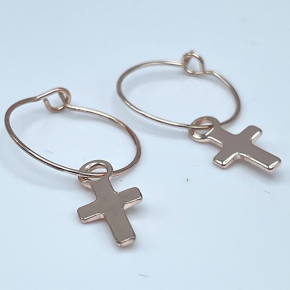 Vintage 90s Rose Gold Tone Cross Charm‎ Hoop Earrings Minimalist Religious Boho